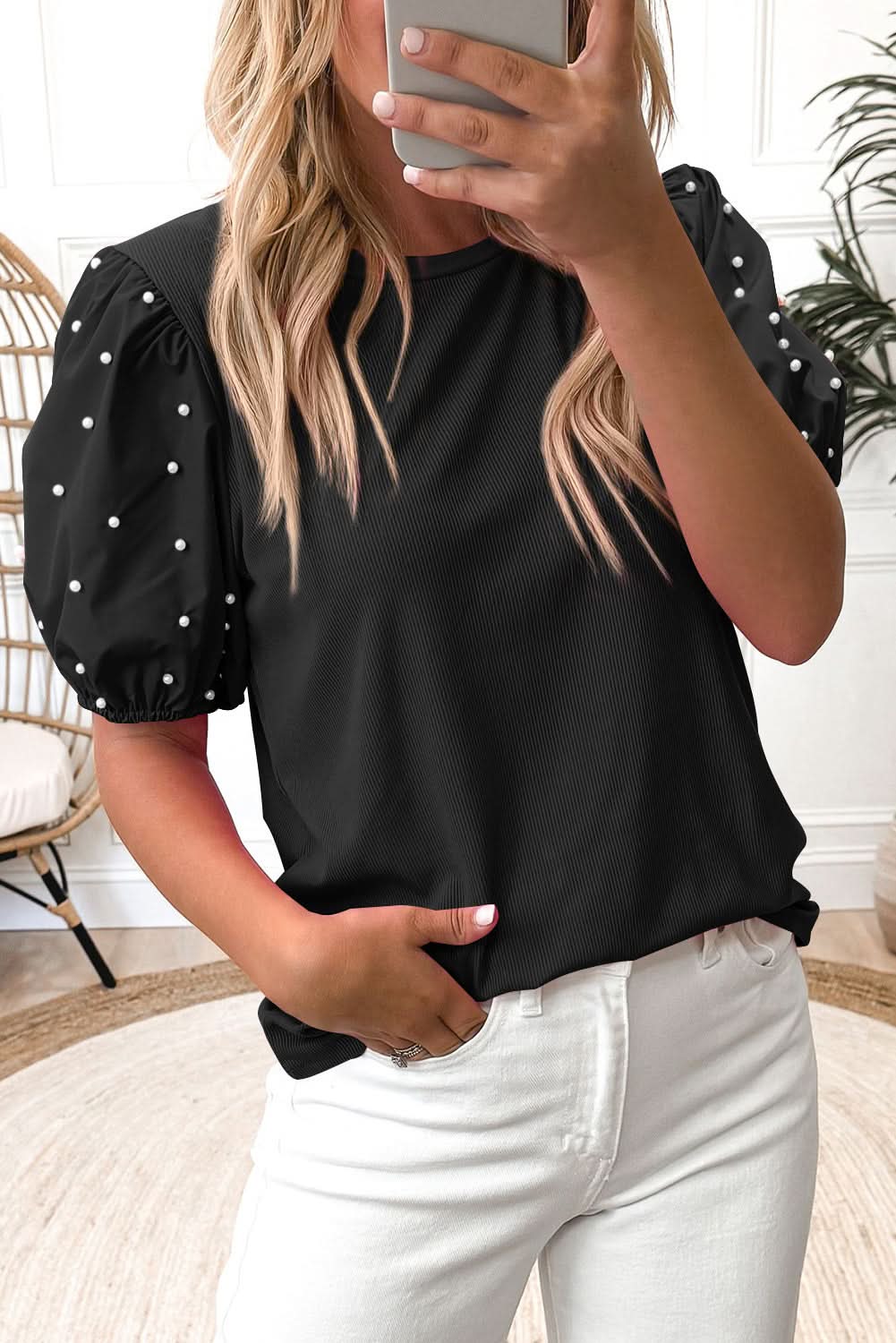 Black Ribbed Pearl Beaded Puff Sleeve Top - ShalayeFashion