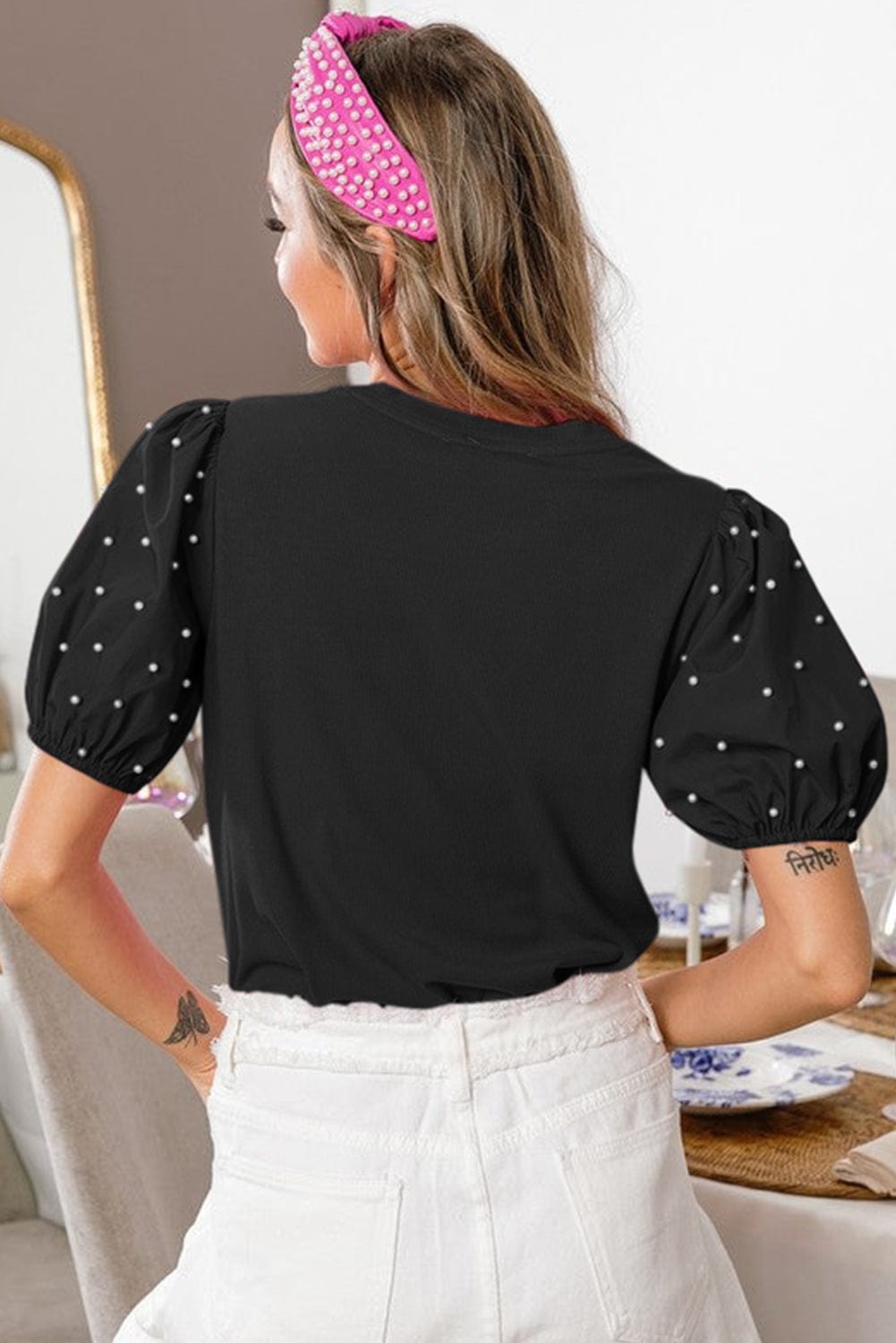 Black Ribbed Pearl Beaded Puff Sleeve Top - ShalayeFashion