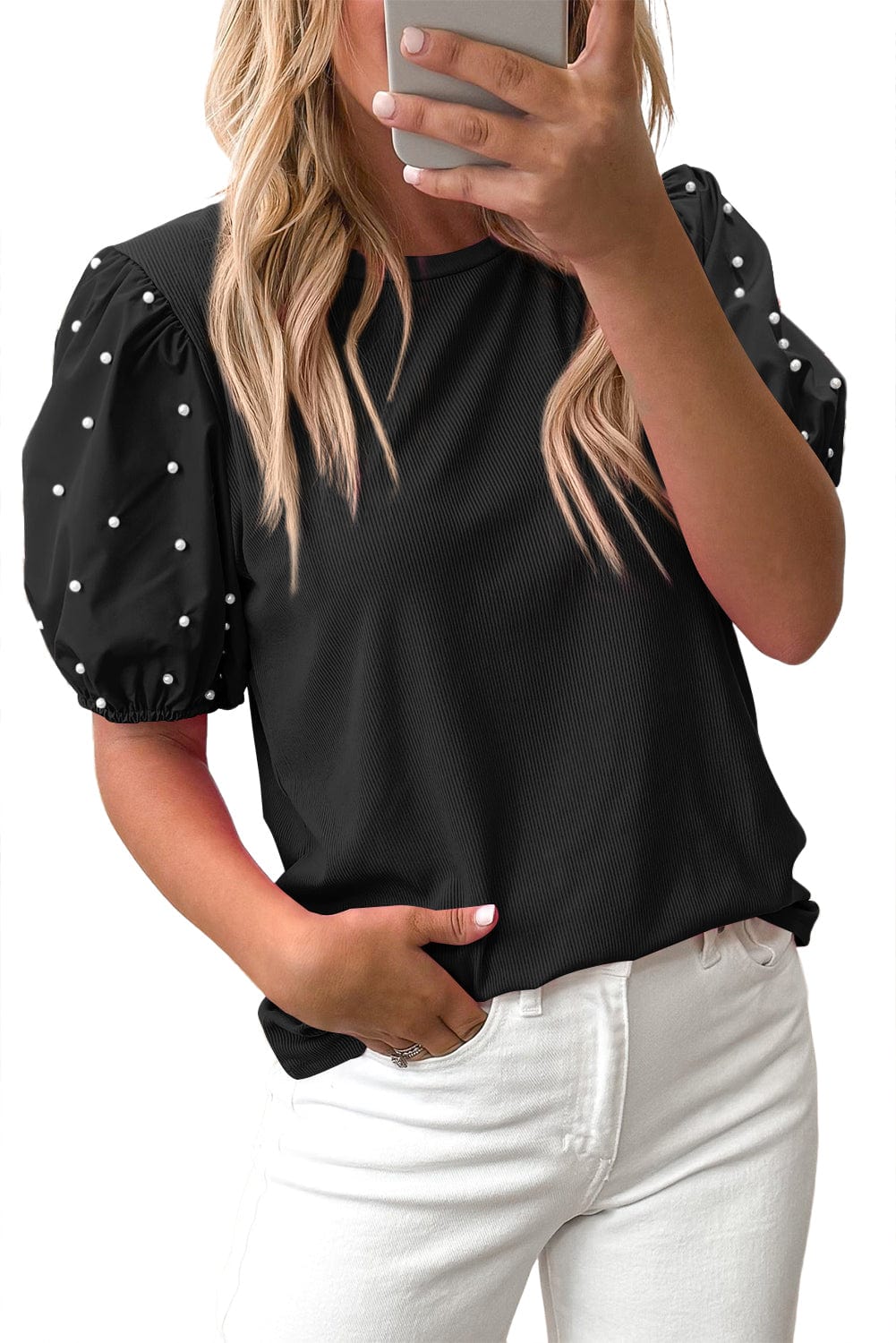 Black Ribbed Pearl Beaded Puff Sleeve Top - ShalayeFashion
