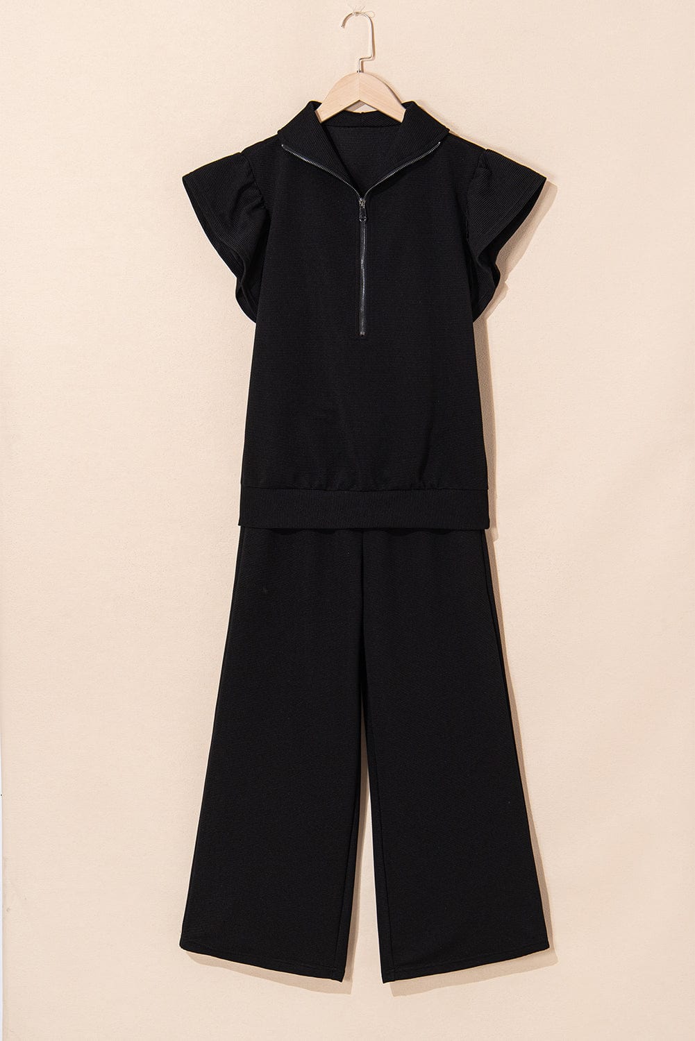 Black Ruffled Sleeve Top & Pants Set - ShalayeFashion