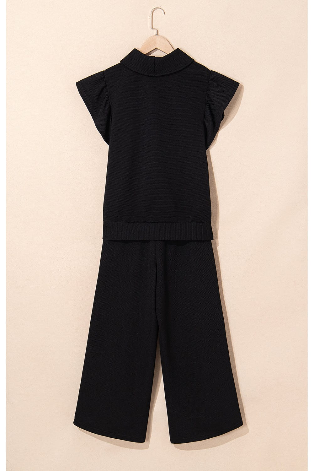 Black Ruffled Sleeve Top & Pants Set - ShalayeFashion