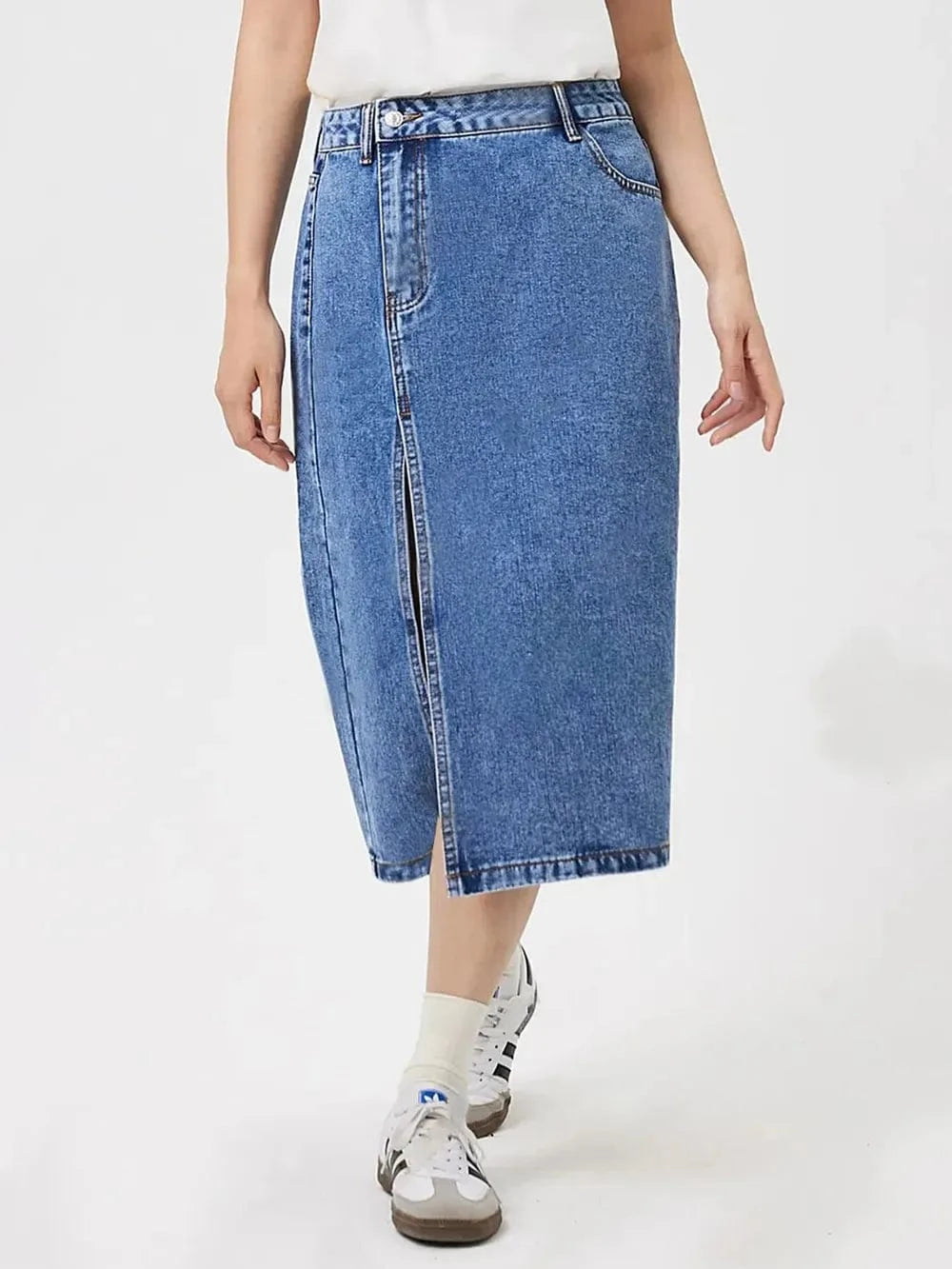 Blue Denim Slit Midi Skirt with Pockets - ShalayeFashion