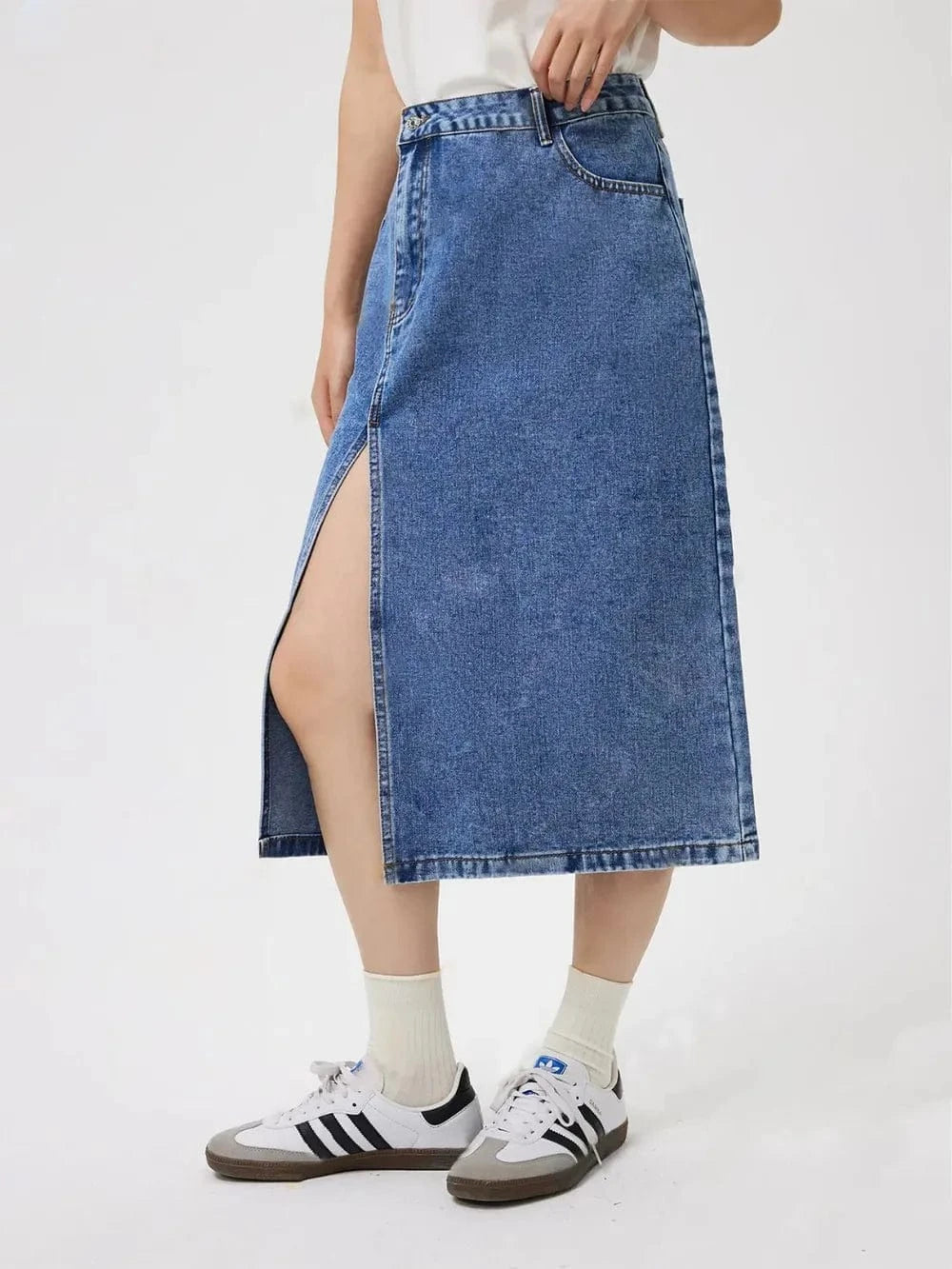 Blue Denim Slit Midi Skirt with Pockets - ShalayeFashion