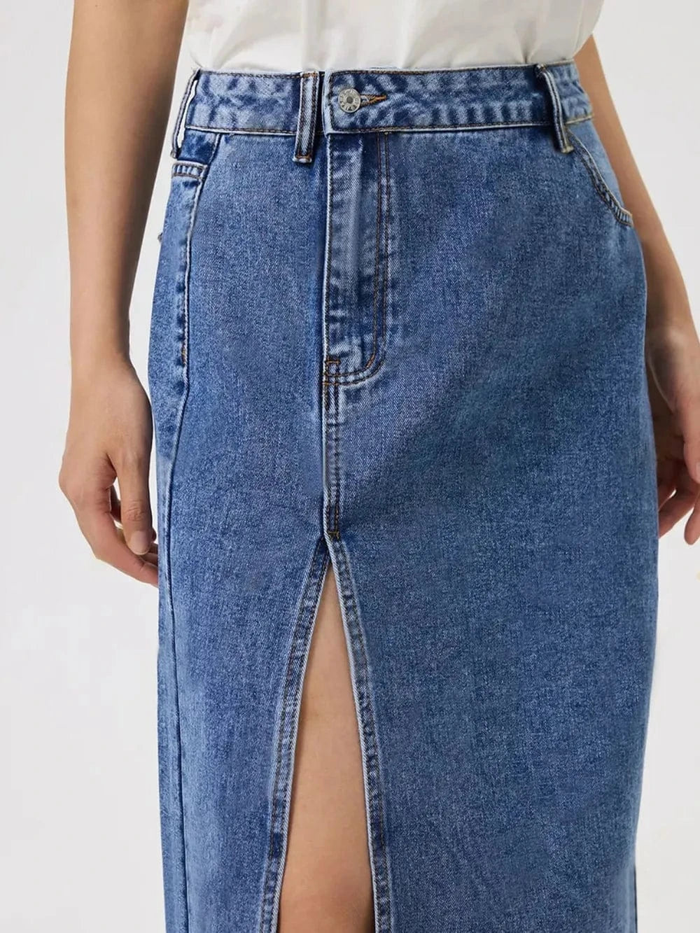 Blue Denim Slit Midi Skirt with Pockets - ShalayeFashion