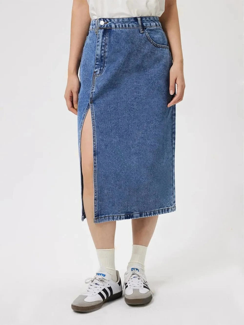 Blue Denim Slit Midi Skirt with Pockets - ShalayeFashion