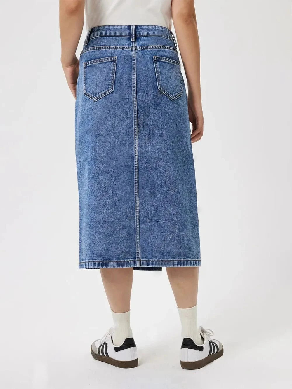 Blue Denim Slit Midi Skirt with Pockets - ShalayeFashion