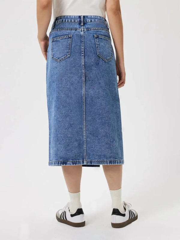 Blue Denim Slit Midi Skirt with Pockets - ShalayeFashion