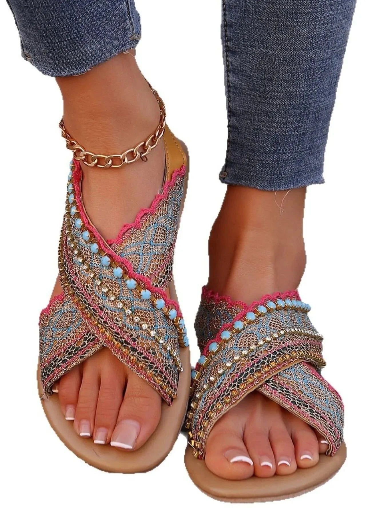 Bohemian Cross - Strap Flat Sandals - ShalayeFashion