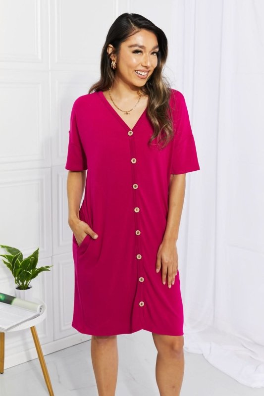 BOMBOM Sunday Brunch Button Down Knee - Length Dress in Magenta - ShalayeFashion