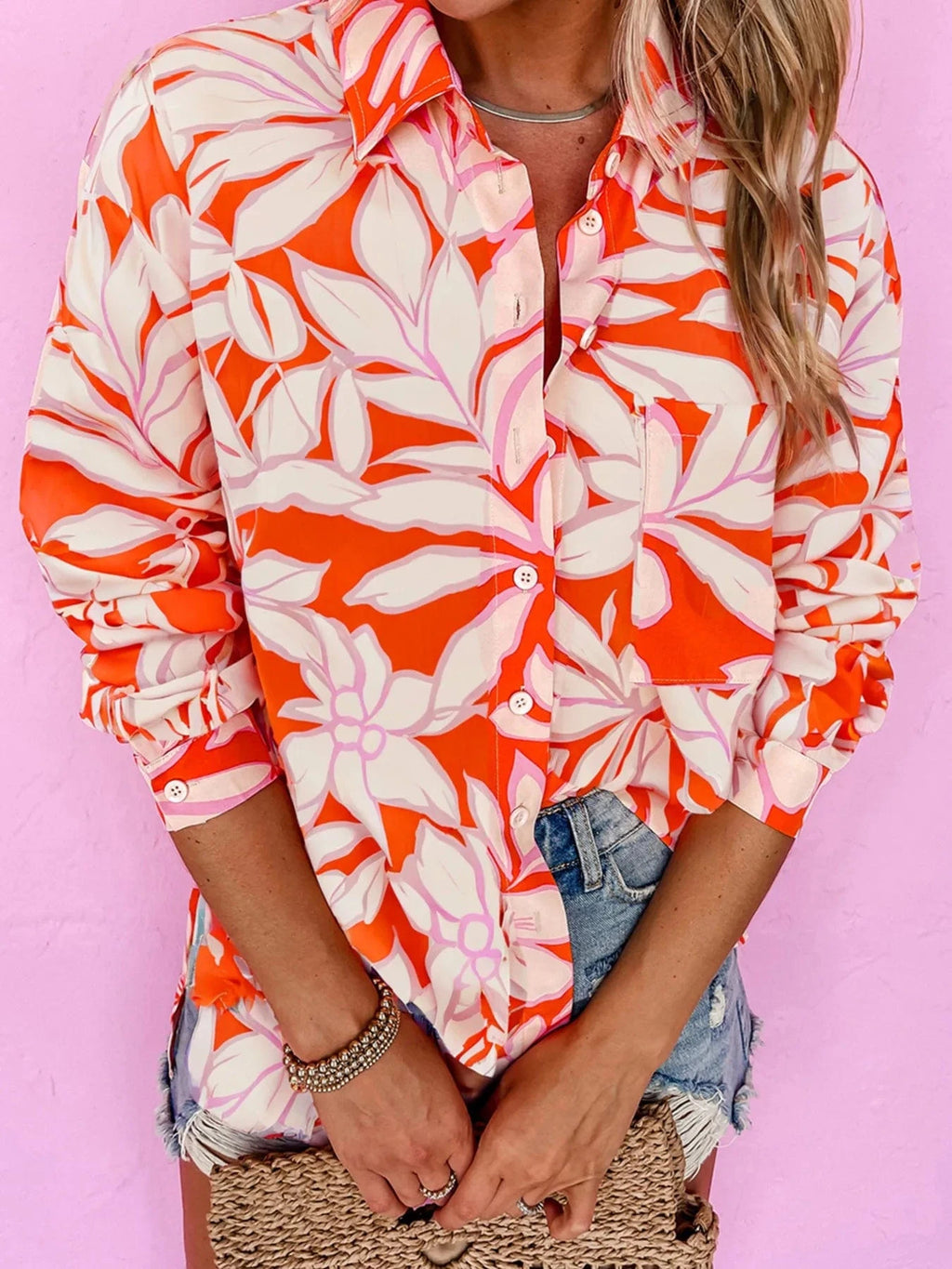 Botanical Print Single Chest Pocket Button Up Shirt - ShalayeFashion
