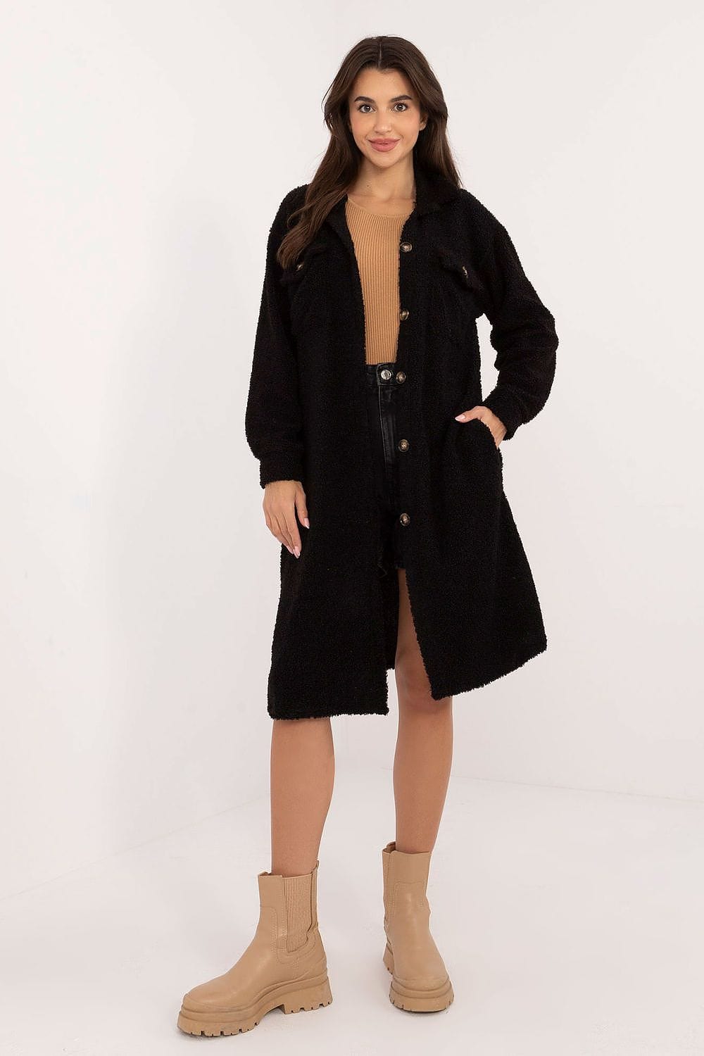 Boucle Fabric Shirt Patch Pockets Collar - ShalayeFashion