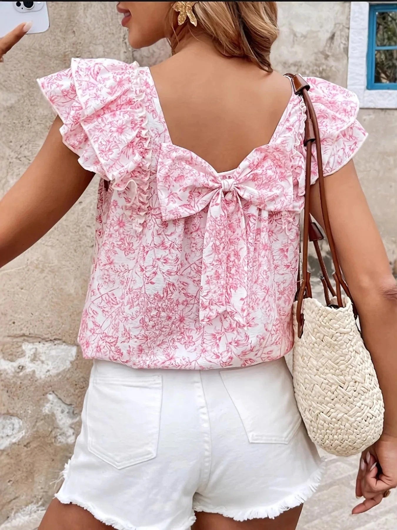 Bow Back Floral Print Ruffle Sleeve Blouse - ShalayeFashion