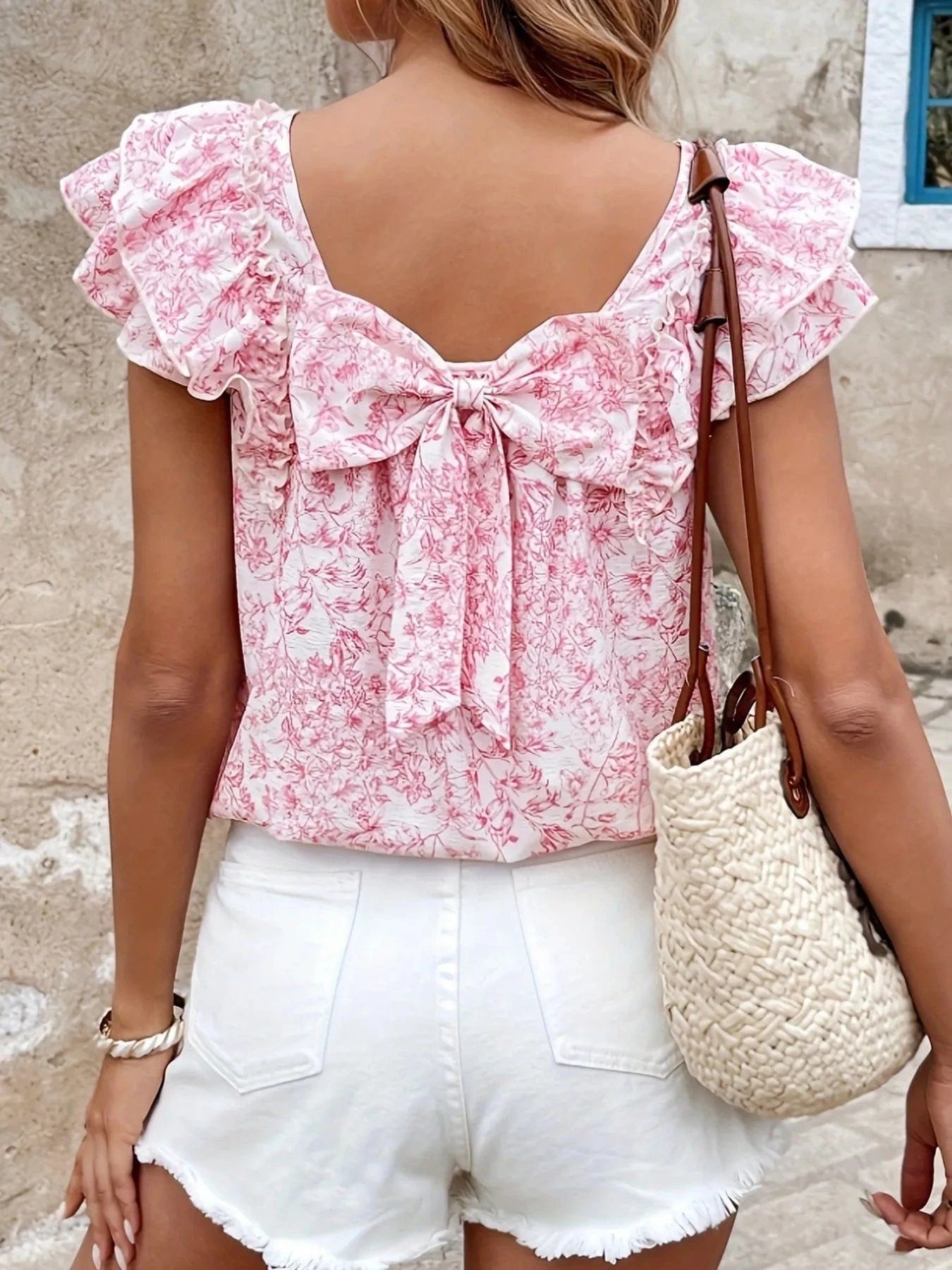 Bow Back Floral Print Ruffle Sleeve Blouse - ShalayeFashion