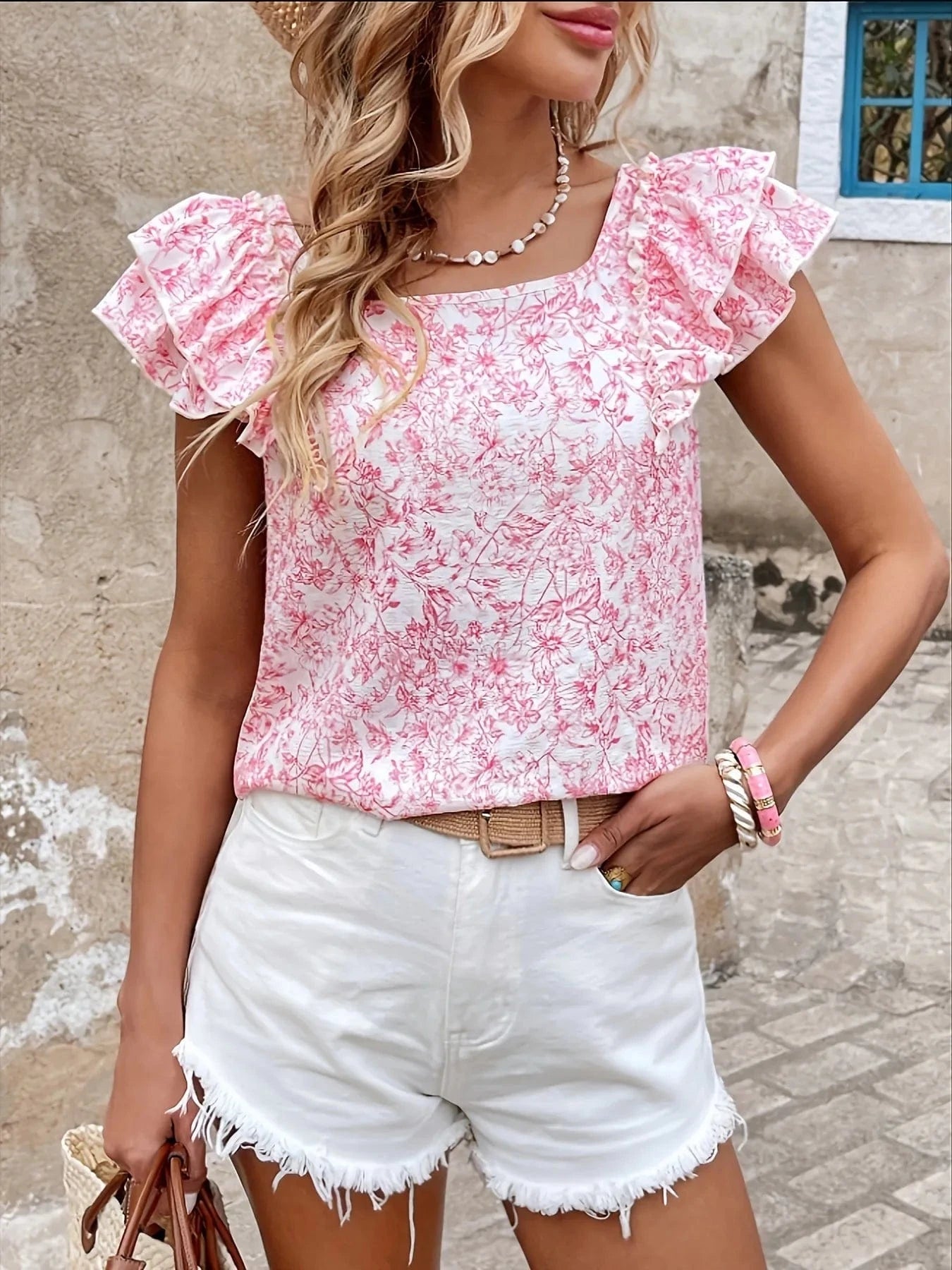 Bow Back Floral Print Ruffle Sleeve Blouse - ShalayeFashion