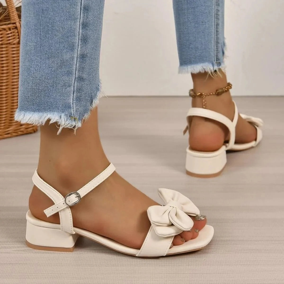 Bow Detail Ankle Strap Block Heel Sandals - ShalayeFashion