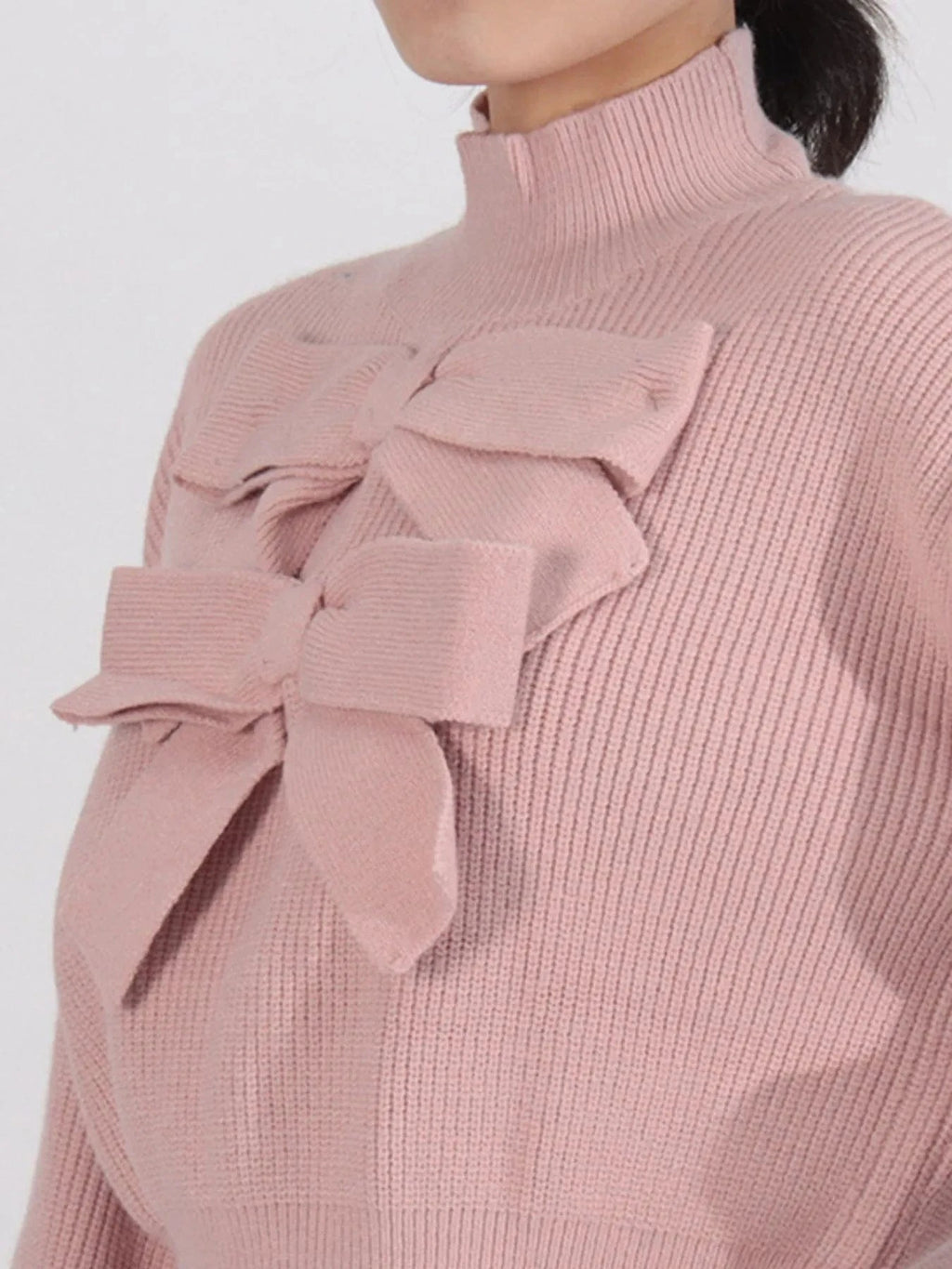 Bow Front Turtleneck Long Sleeve Sweater - ShalayeFashion