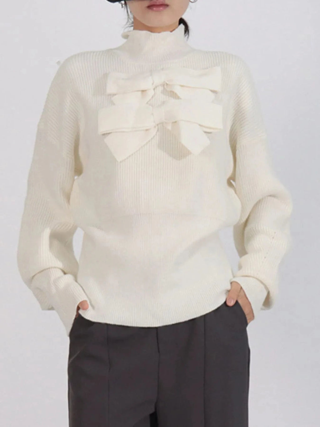 Bow Front Turtleneck Long Sleeve Sweater - ShalayeFashion