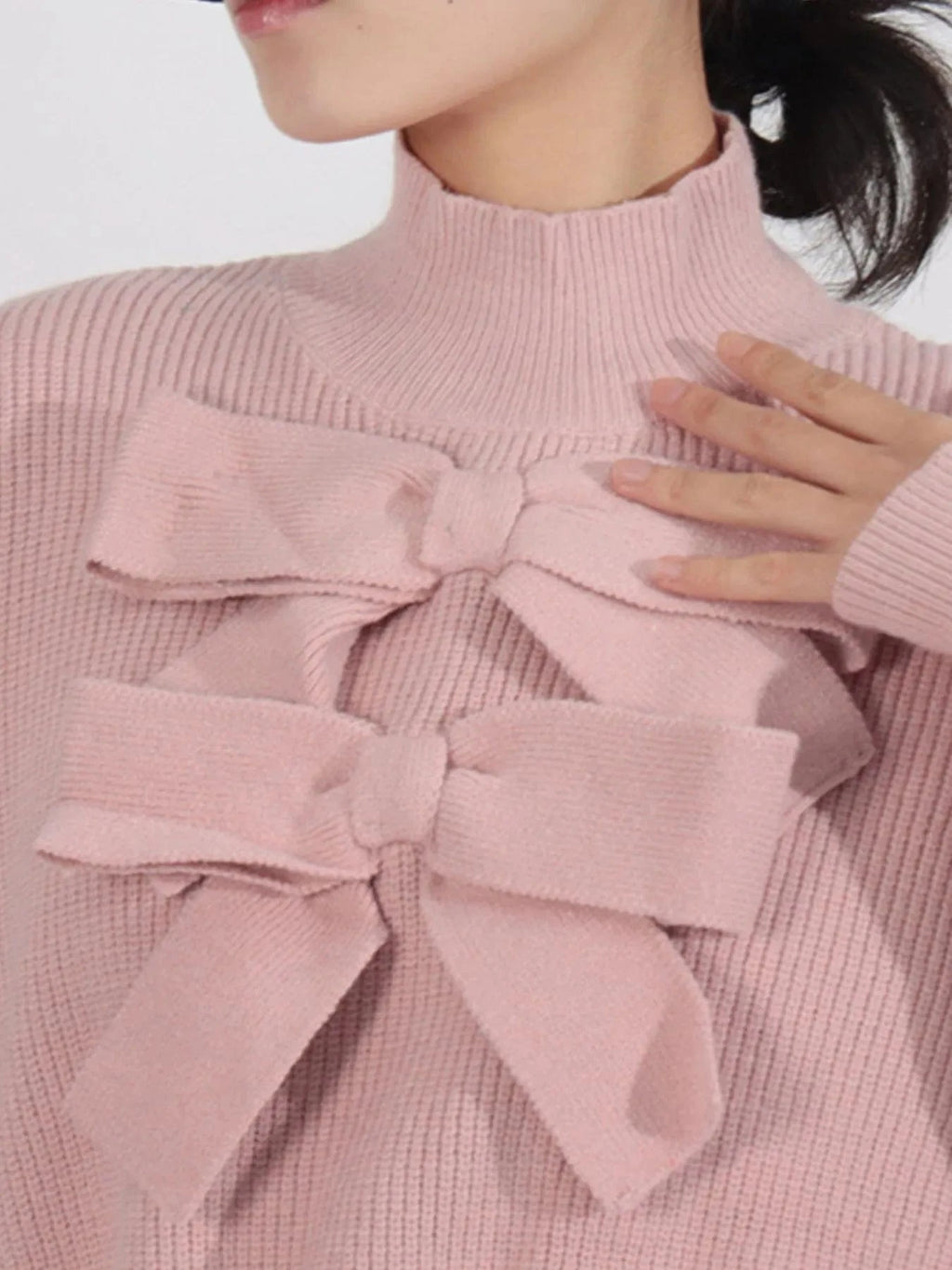 Bow Front Turtleneck Long Sleeve Sweater - ShalayeFashion