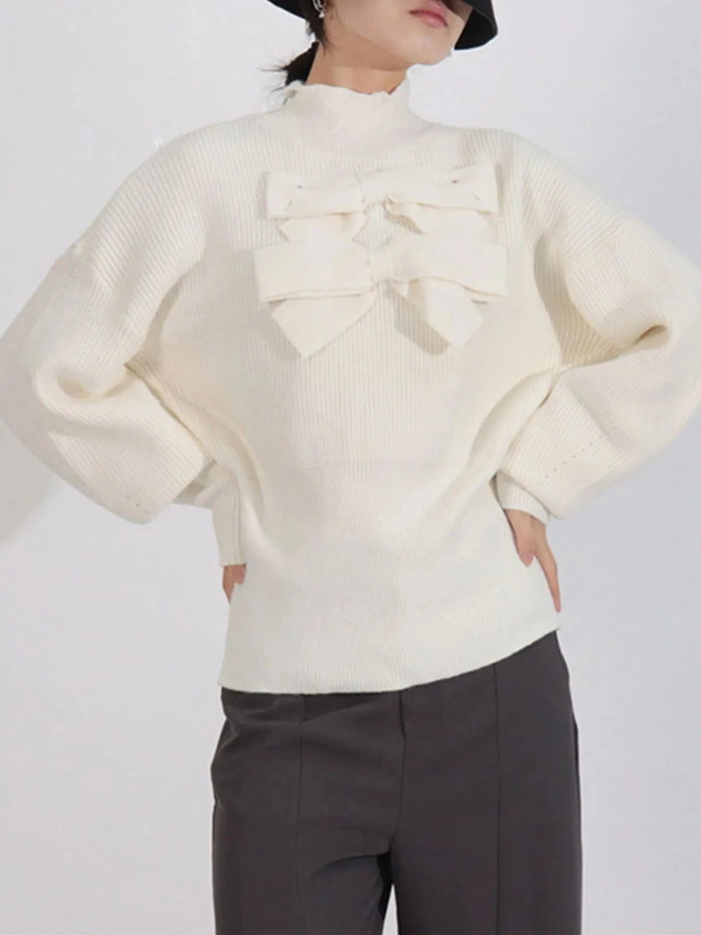 Bow Front Turtleneck Long Sleeve Sweater - ShalayeFashion