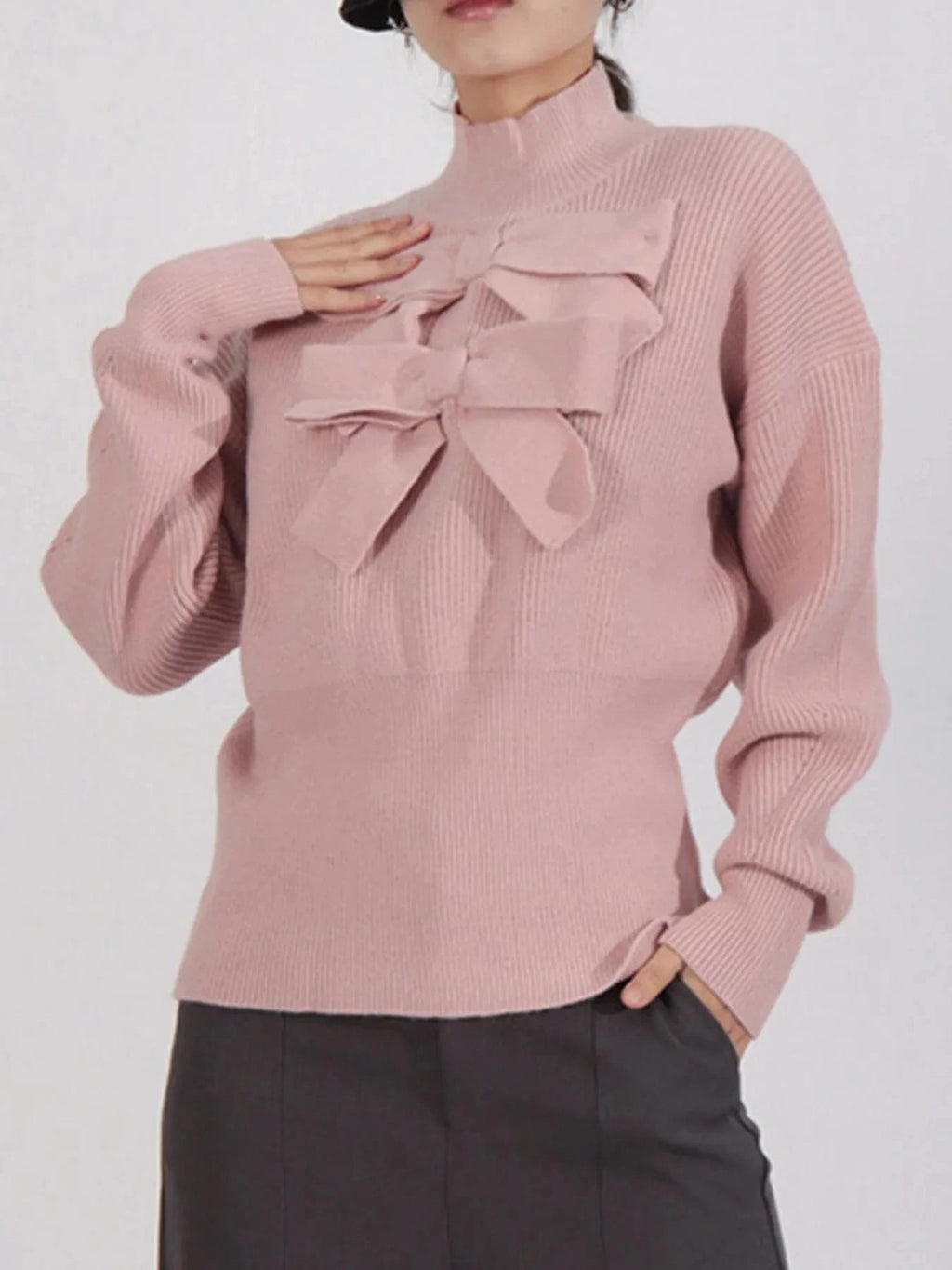 Bow Front Turtleneck Long Sleeve Sweater - ShalayeFashion