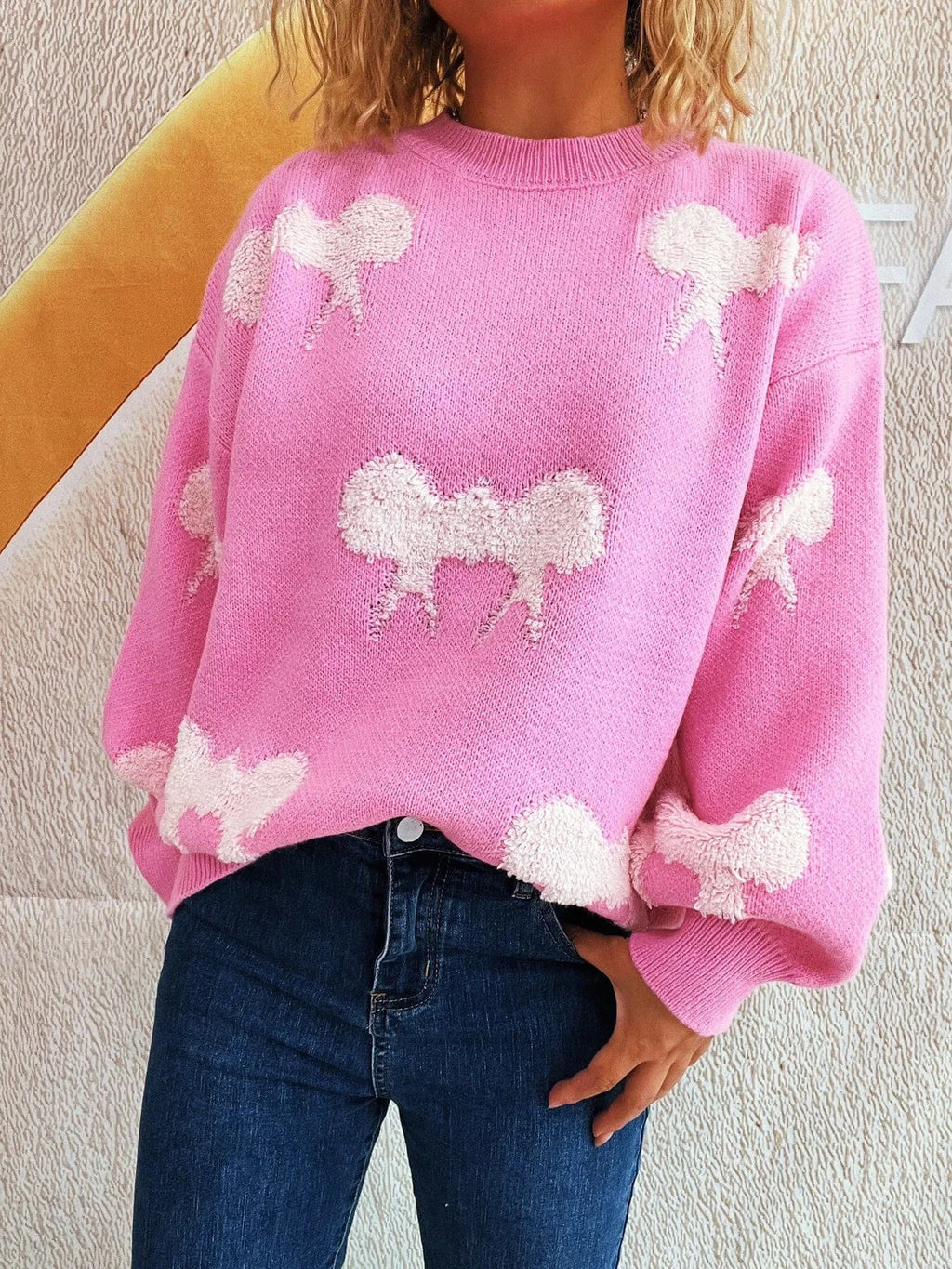 Bow Pattern Round Neck Sweater - ShalayeFashion