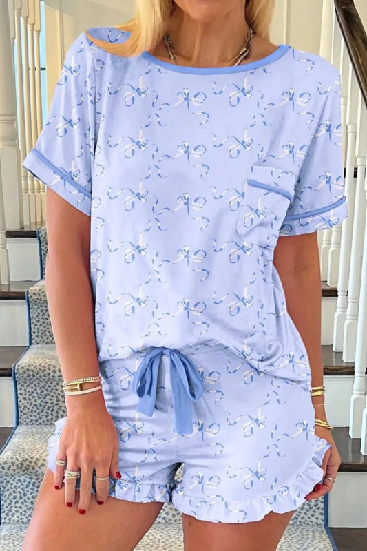 Bow Print Short Sleeve Top and Shorts Pajama Set - ShalayeFashion