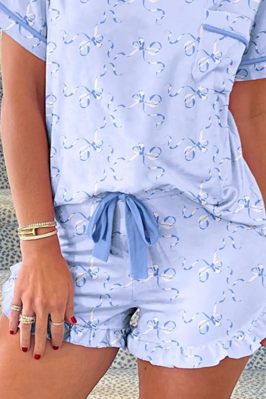 Bow Print Short Sleeve Top and Shorts Pajama Set - ShalayeFashion