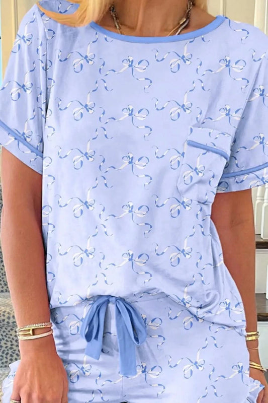 Bow Print Short Sleeve Top and Shorts Pajama Set - ShalayeFashion