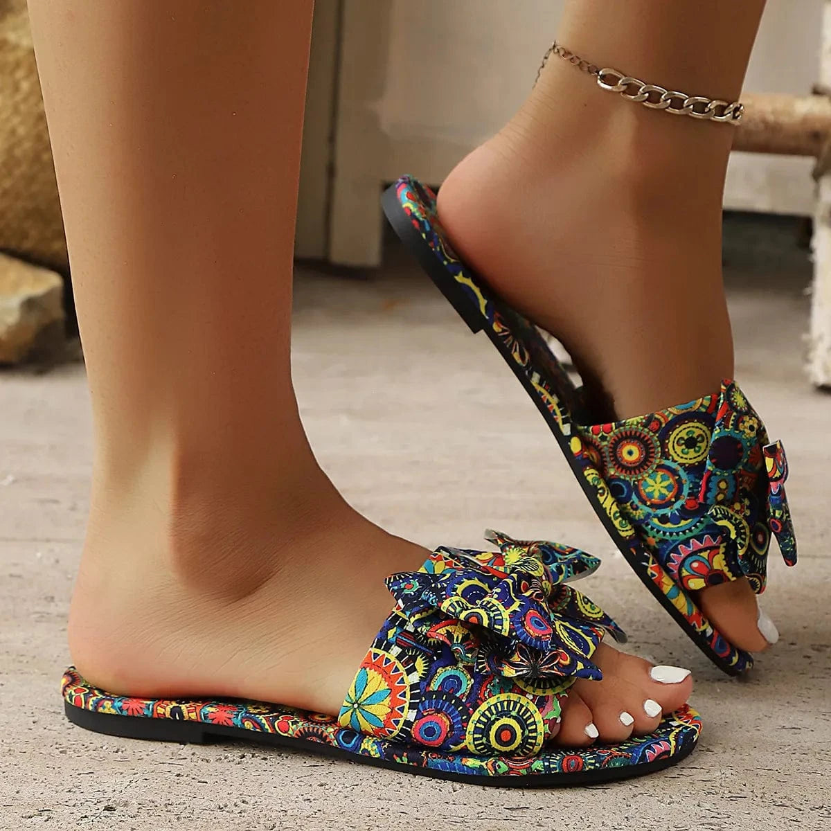 Bow Printed Open Toe Flats Sandals - ShalayeFashion