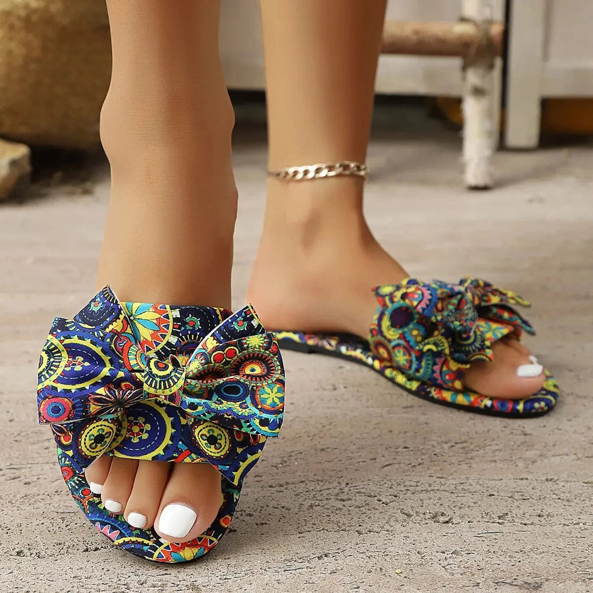 Bow Printed Open Toe Flats Sandals - ShalayeFashion