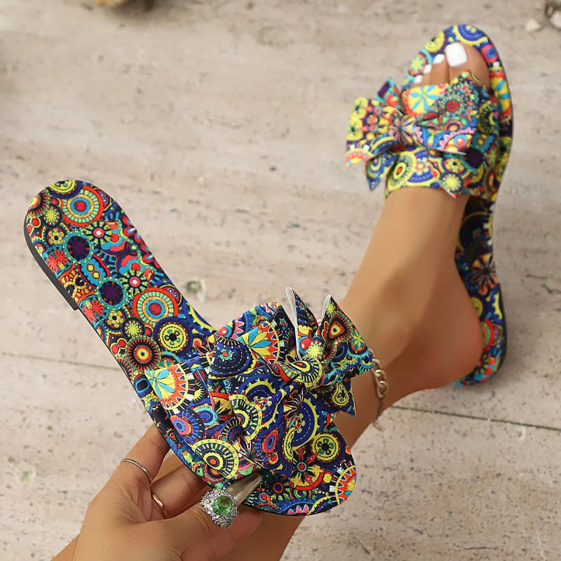 Bow Printed Open Toe Flats Sandals - ShalayeFashion