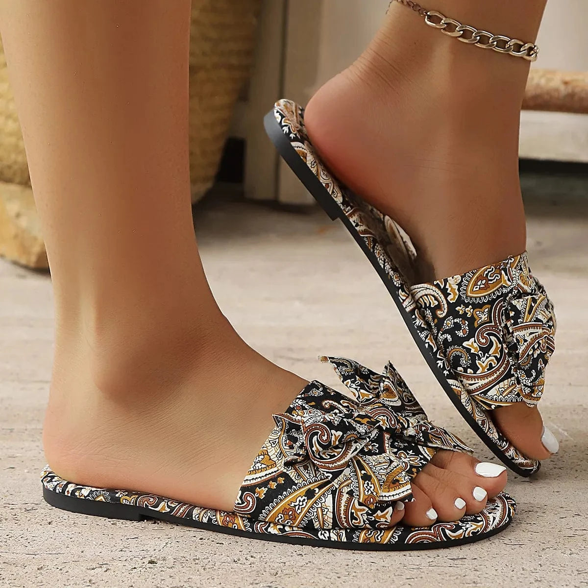 Bow Printed Open Toe Flats Sandals - ShalayeFashion