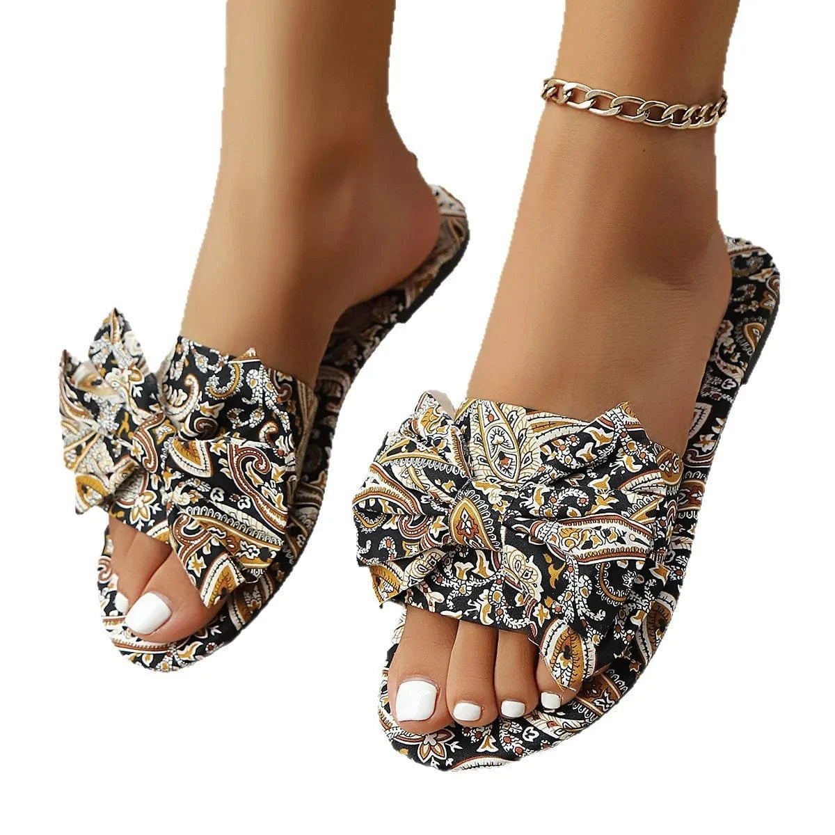 Bow Printed Open Toe Flats Sandals - ShalayeFashion
