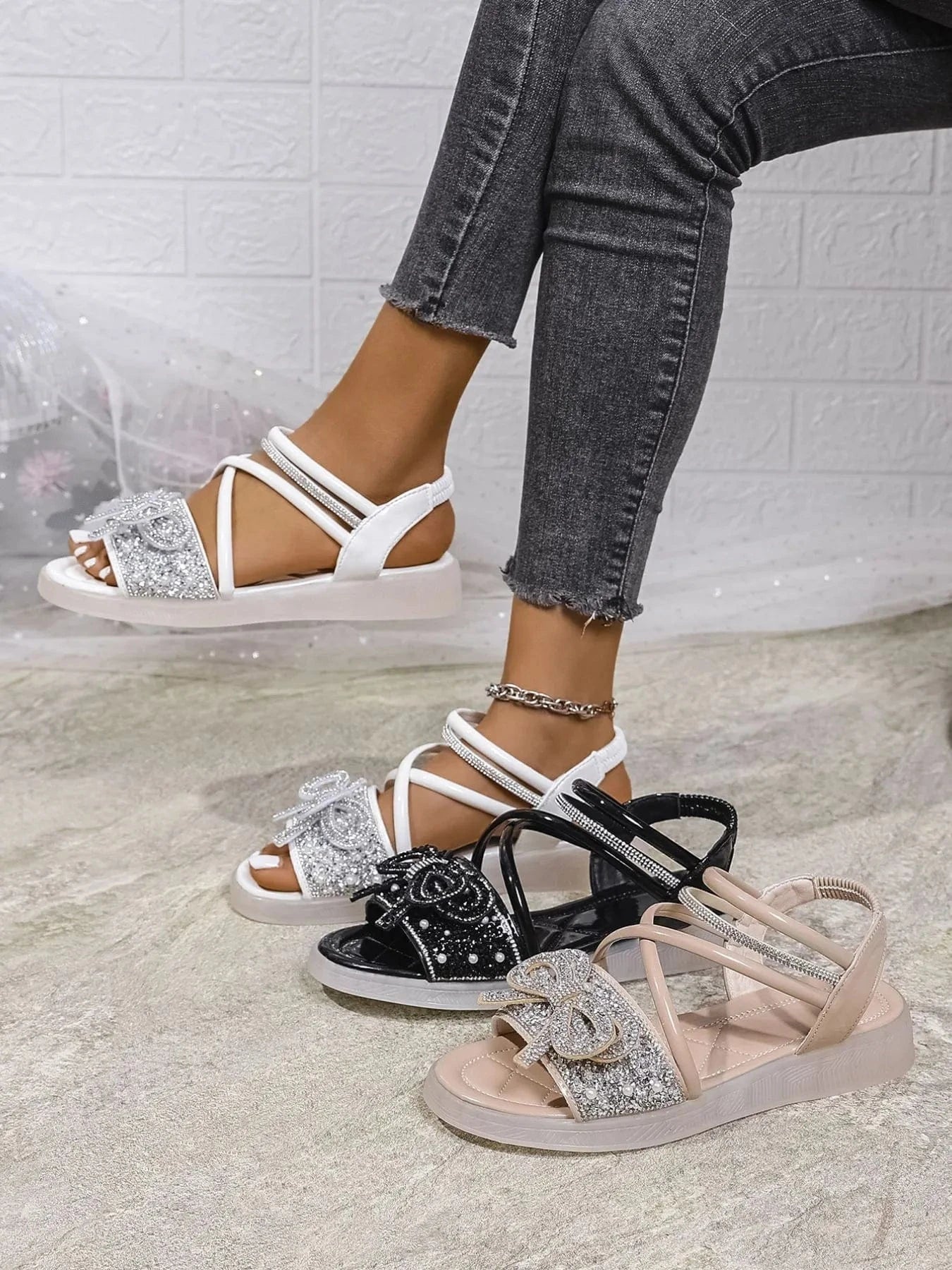 Bow Rhinestone Embellished Sandals - ShalayeFashion