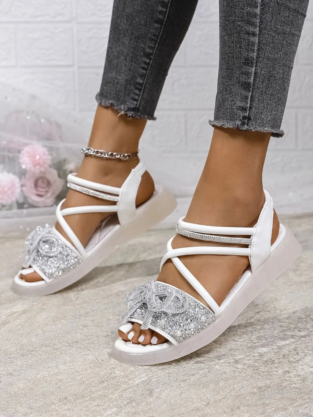 Bow Rhinestone Embellished Sandals - ShalayeFashion