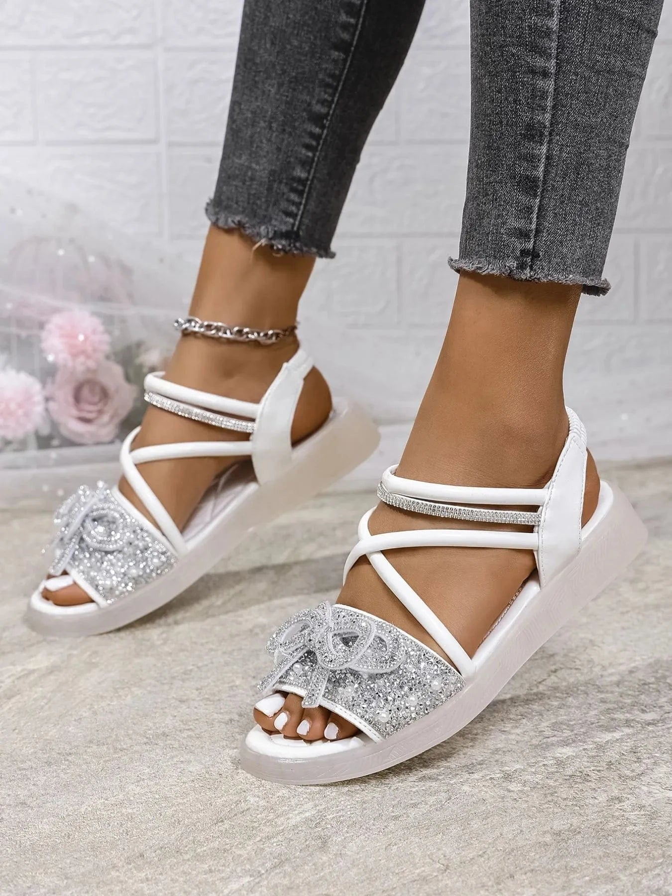Bow Rhinestone Embellished Sandals - ShalayeFashion