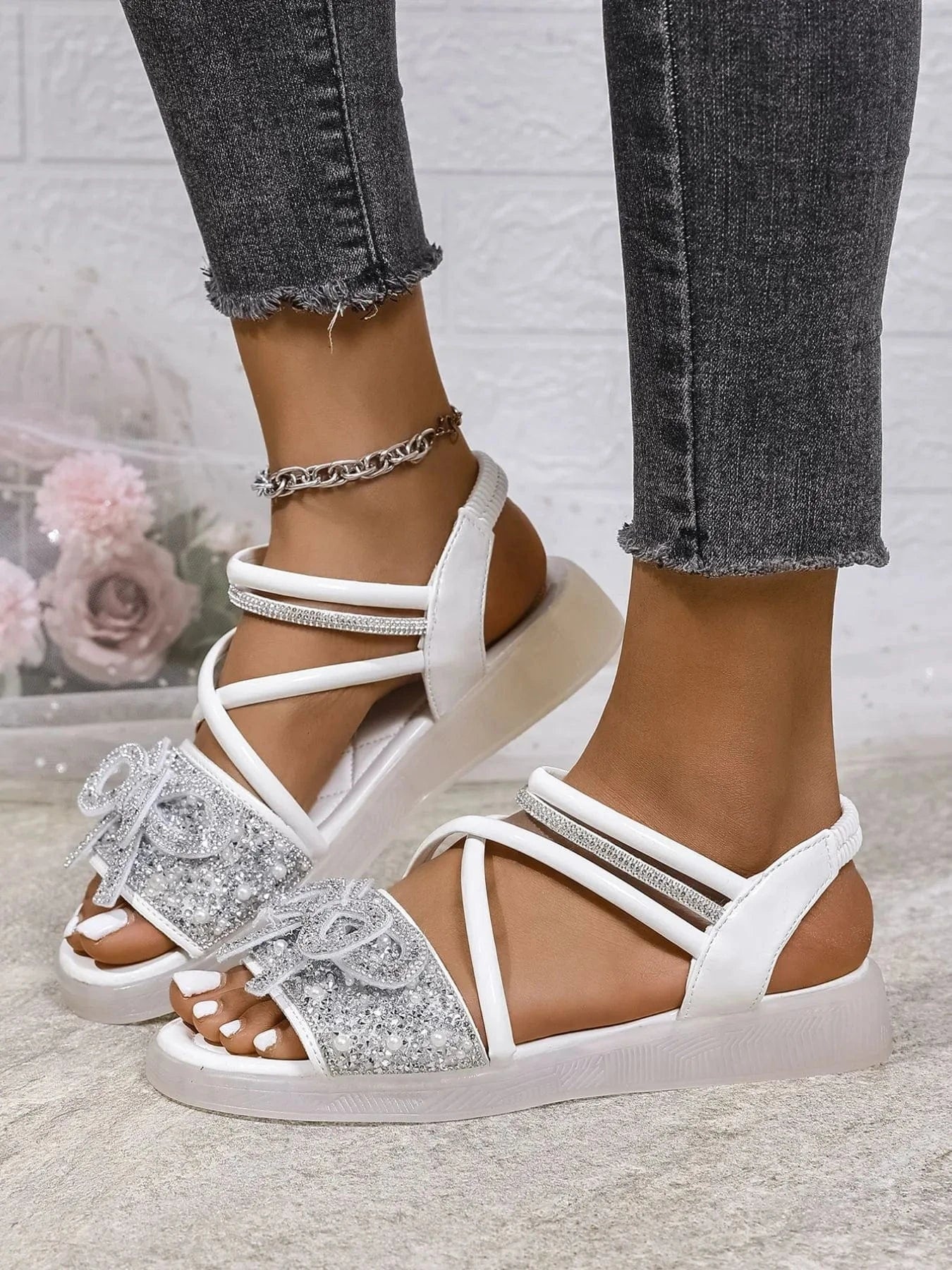 Bow Rhinestone Embellished Sandals - ShalayeFashion