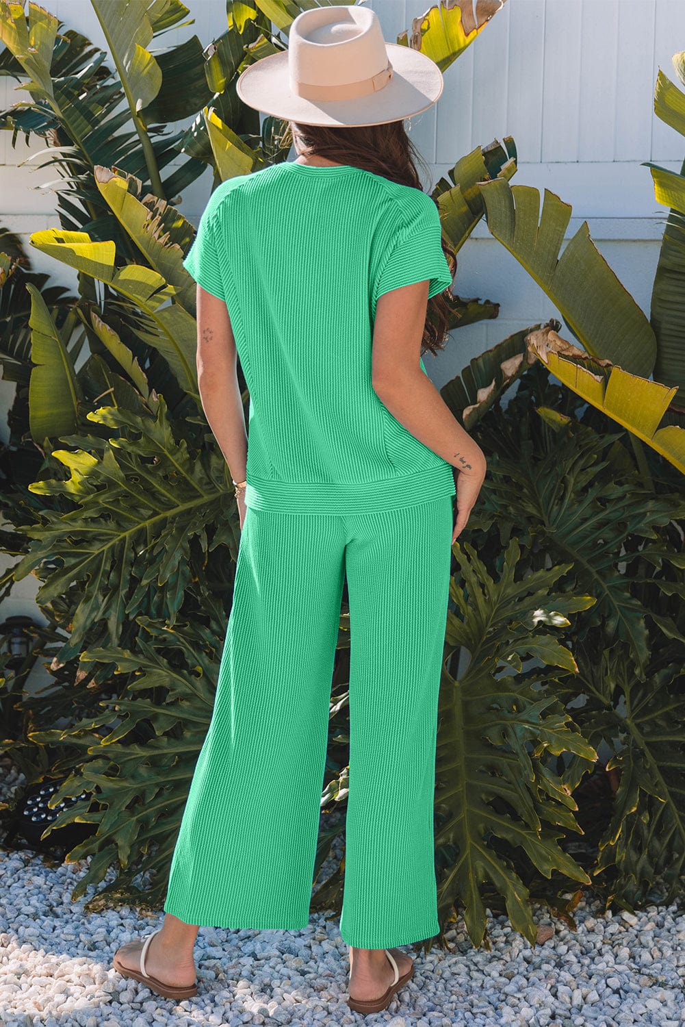 Bright Green Corded Knit Tee & Pants - ShalayeFashion