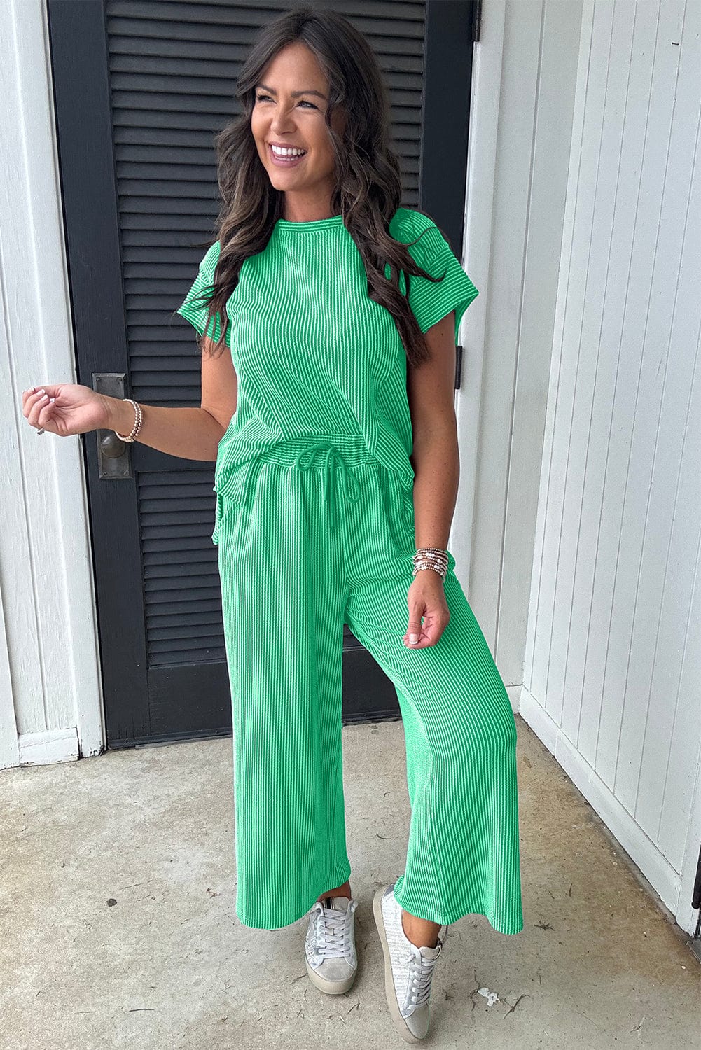 Bright Green Corded Knit Tee & Pants - ShalayeFashion