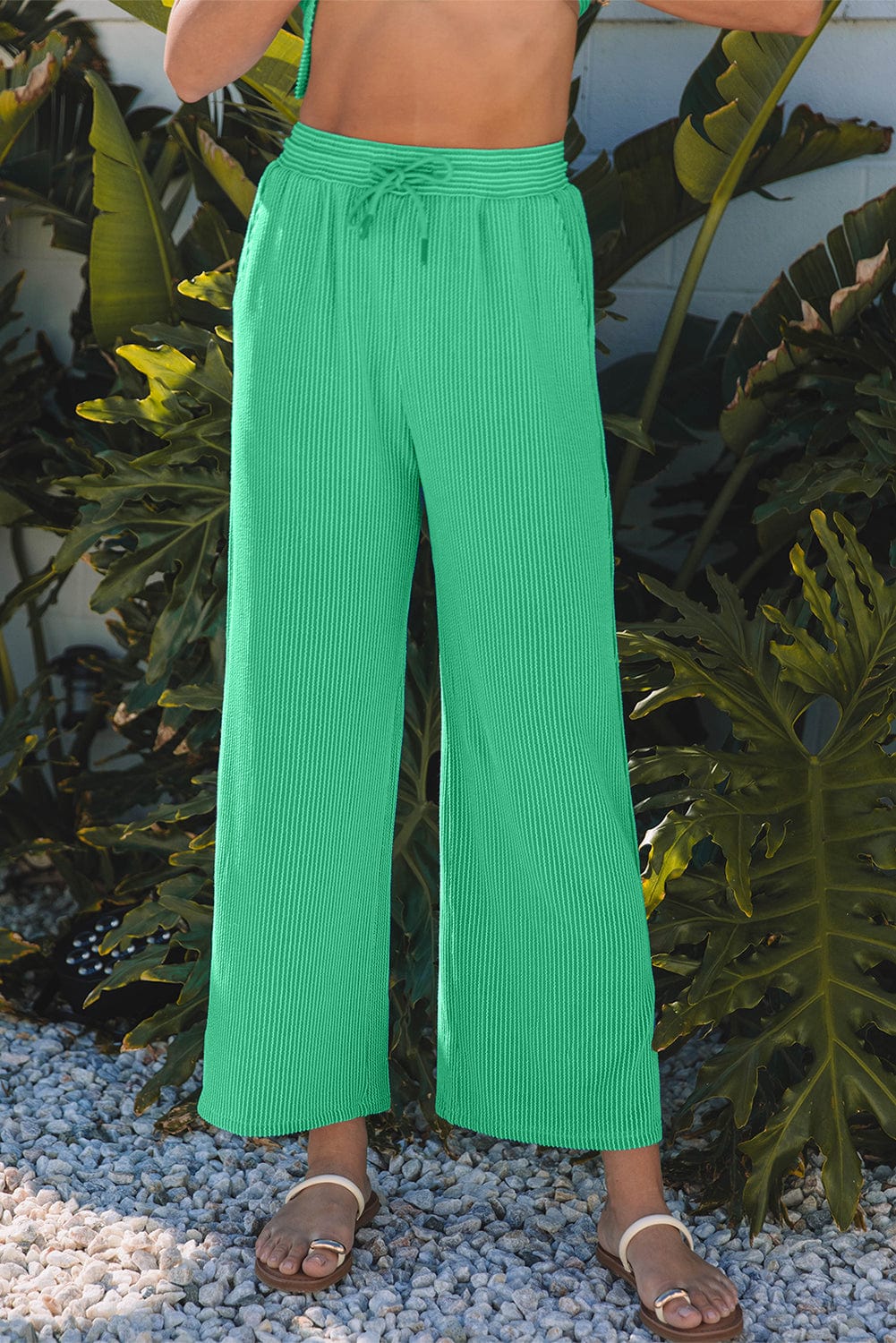 Bright Green Corded Knit Tee & Pants - ShalayeFashion
