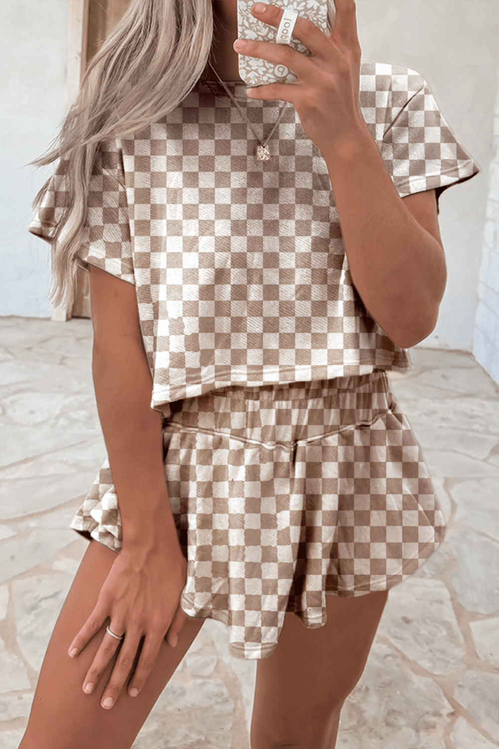 Brown Checkerboard Tee & Skort Outfit - ShalayeFashion