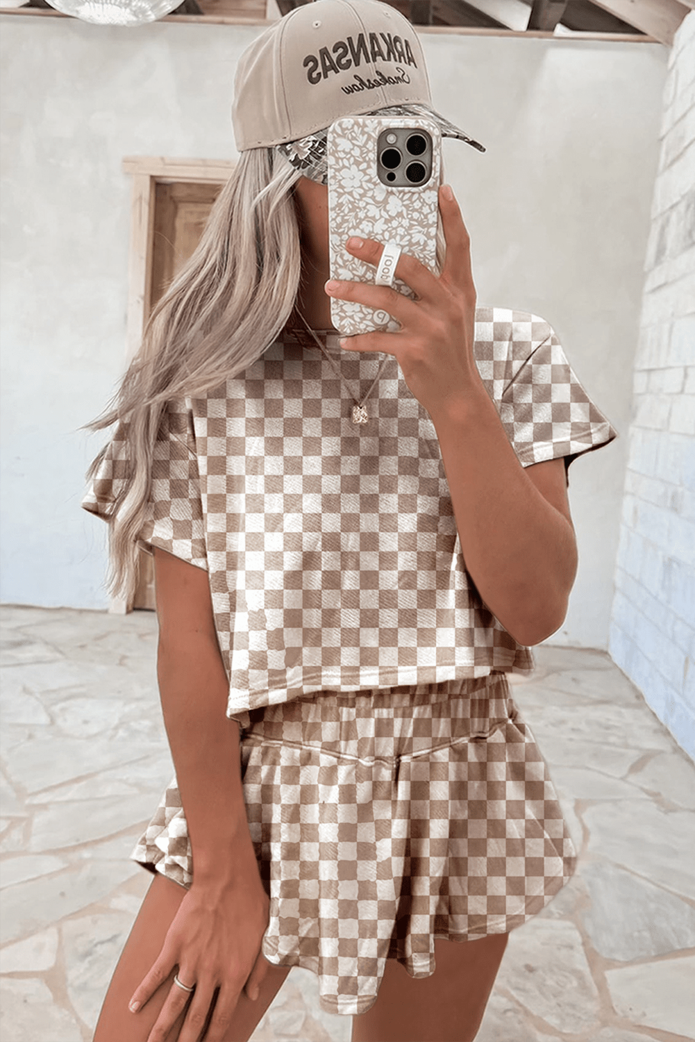 Brown Checkerboard Tee & Skort Outfit - ShalayeFashion
