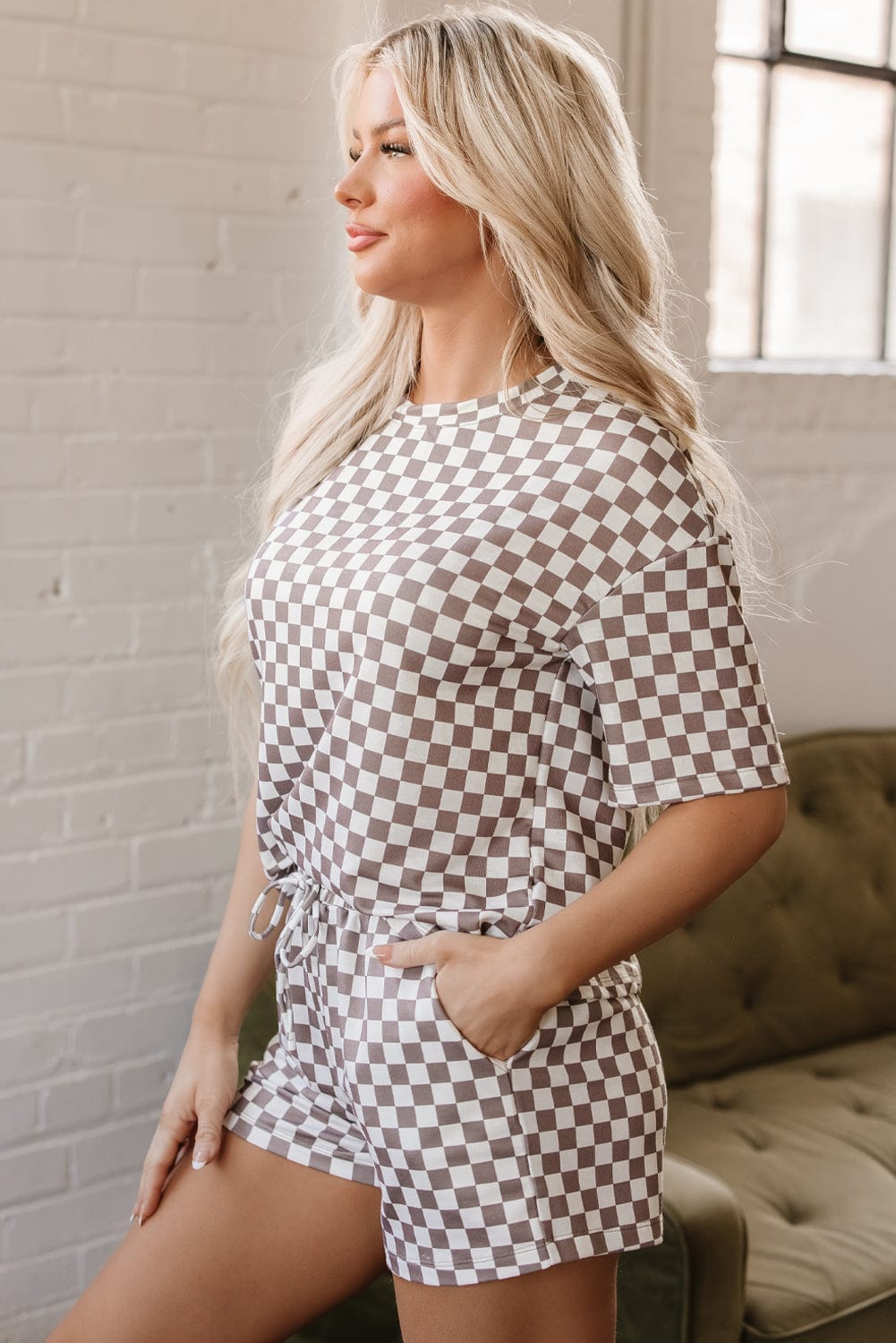Brown Checkered Casual Top & Shorts Set - ShalayeFashion