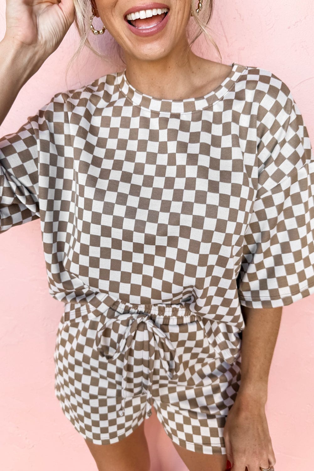 Brown Checkered Casual Top & Shorts Set - ShalayeFashion