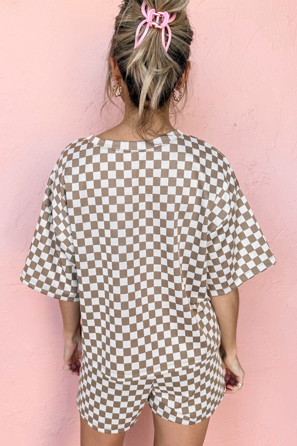 Brown Checkered Casual Top & Shorts Set - ShalayeFashion