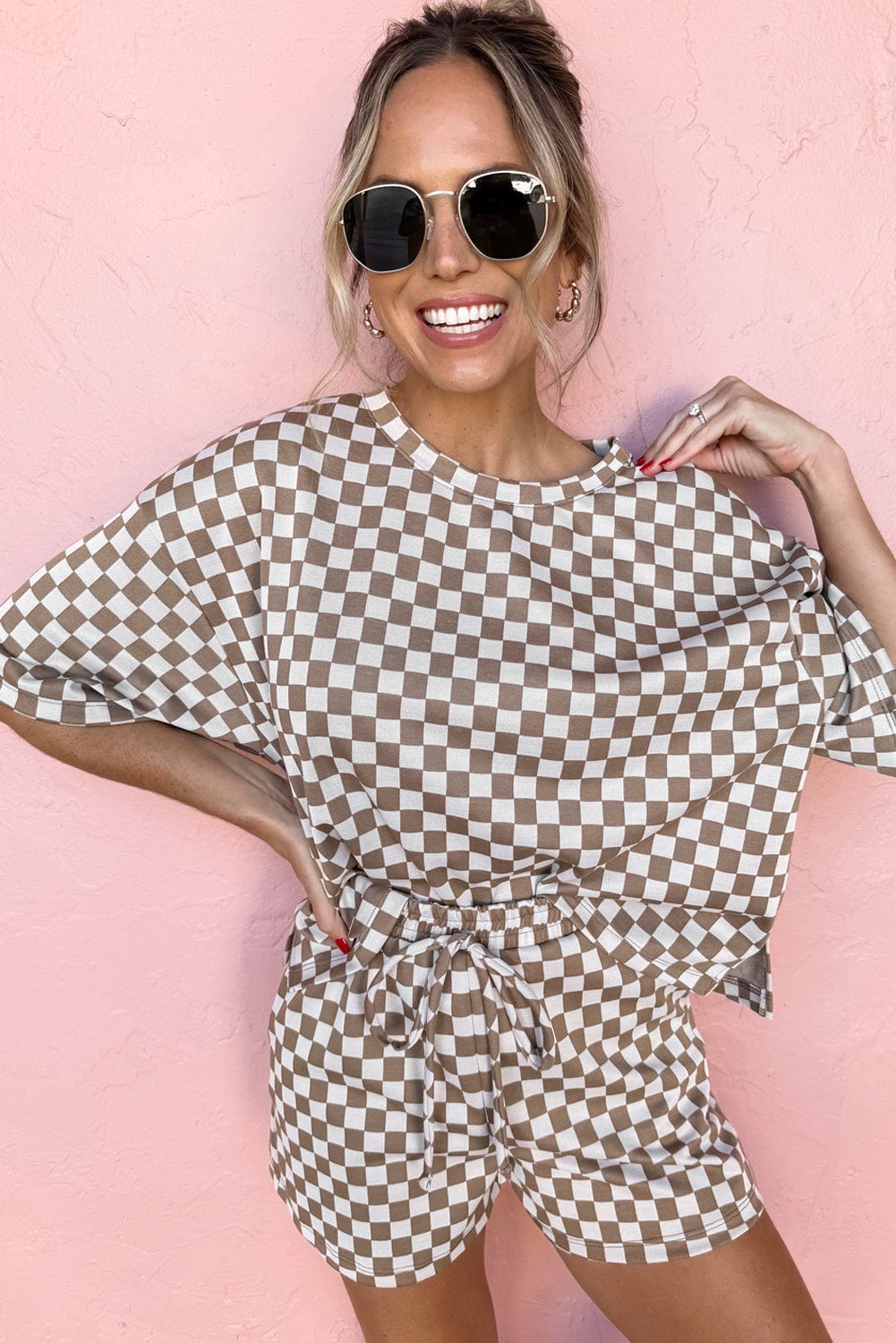 Brown Checkered Casual Top & Shorts Set - ShalayeFashion
