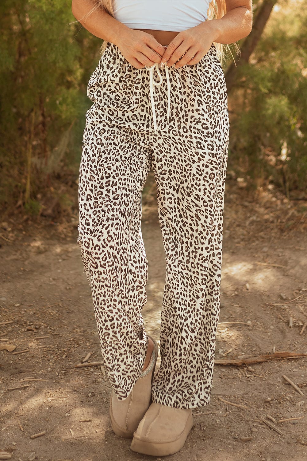 Brown Leopard Print Drawstring Pants - ShalayeFashion
