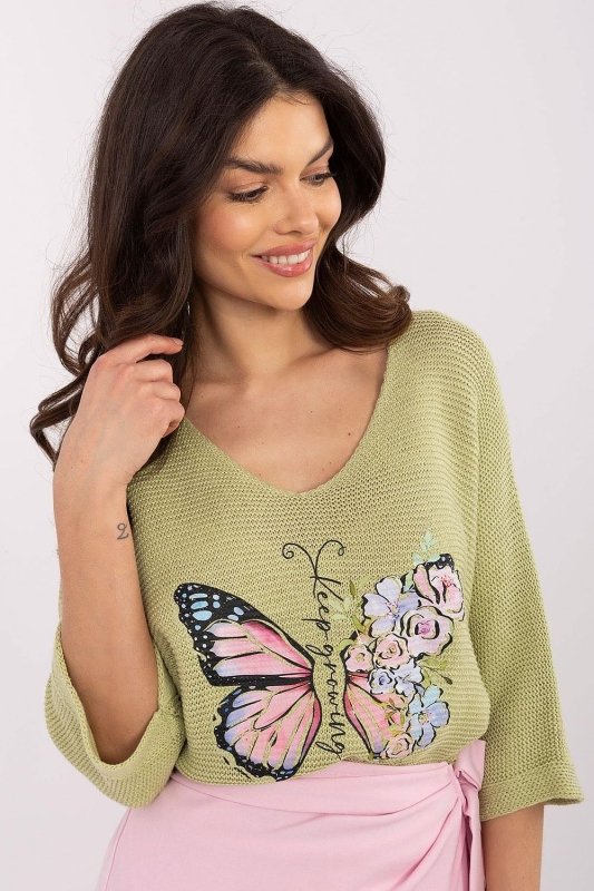 Butterfly Print Sweater V - Neck Three Quarter - ShalayeFashion