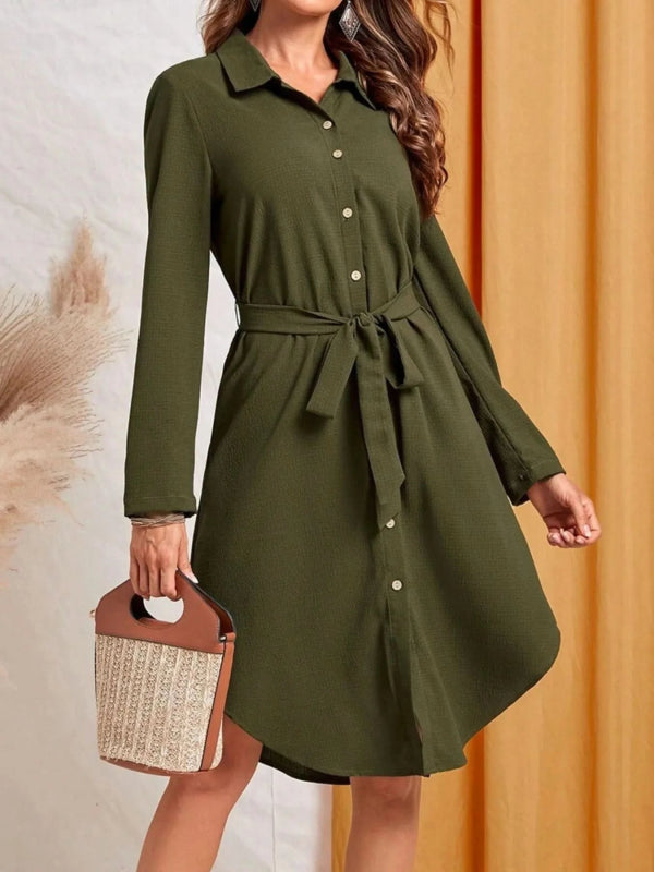 Button - Down Belted Shirt Dress - ShalayeFashion