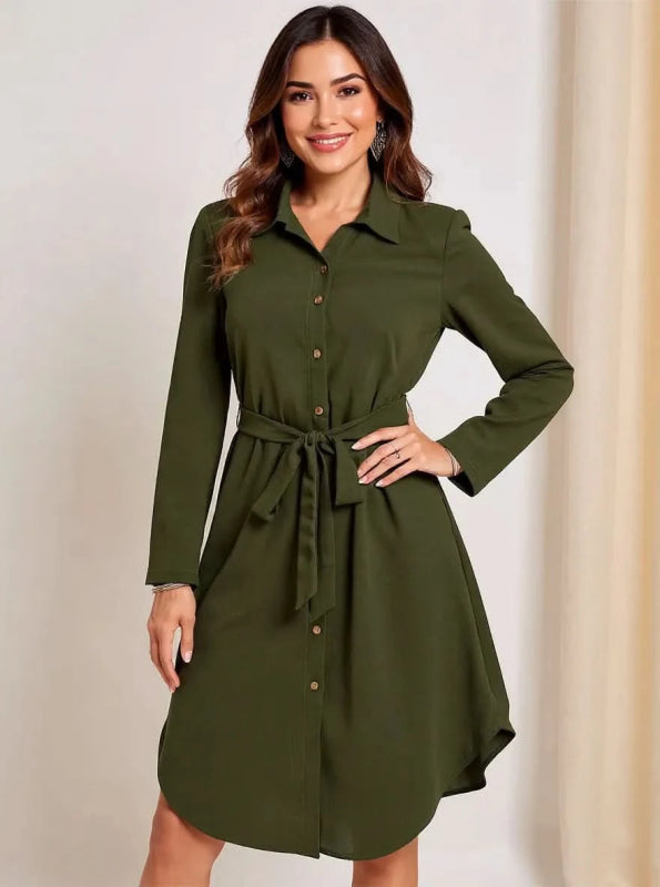 Button - Down Belted Shirt Dress - ShalayeFashion